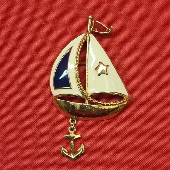 VTG Avon Sailboat Ship Boat Nautical Brooch Pin Enamel Red Blue Gold Tone - Picture 1 of 13